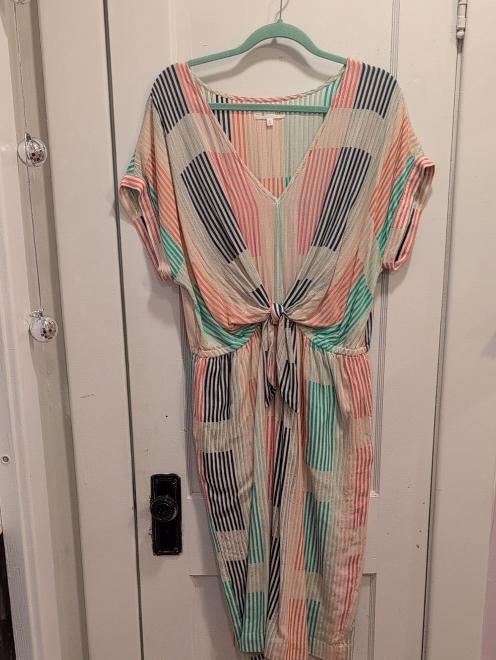 Lou & Gray for Loft Striped Tie-Front V-Neck Women's Dress in Coral, Mint & Navy